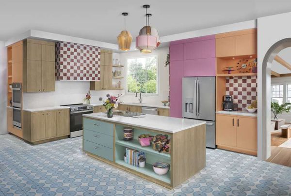 Colorful kitchen with stainless steel GE appliances